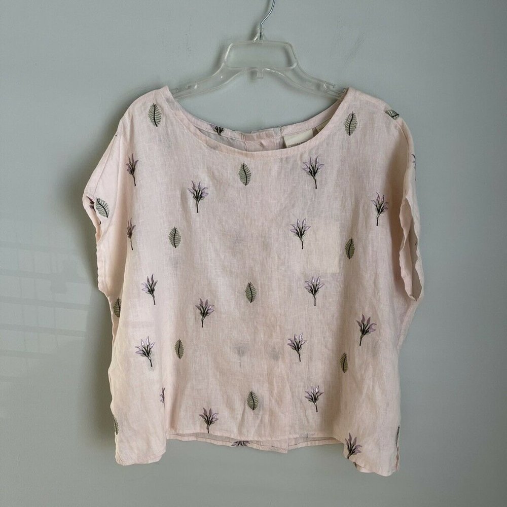 New Cynthia Rowley Pink Floral Embroidered Short Sleeve Linen Blouse